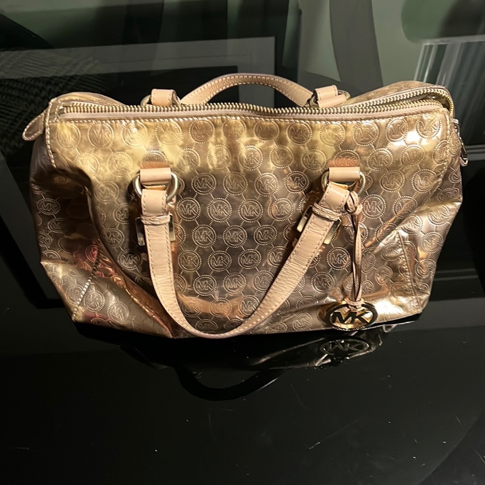 Michael Kors gold patent speedy style bag